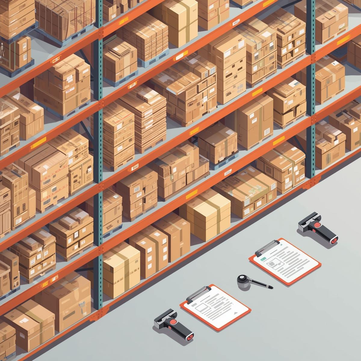 A realistic, colorful digital illustration depicting a warehouse shelf overflowing with neatly organized boxes and parcels, representing inventory counts for a blog. The scene includes visual cues like barcode scanners and clipboards, rendered in a clean, modern graphic design style with a focus on clarity and organization.